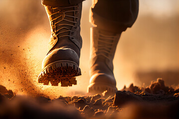 Feet in farm boots walk across a plowed field at sunset. AI Generated