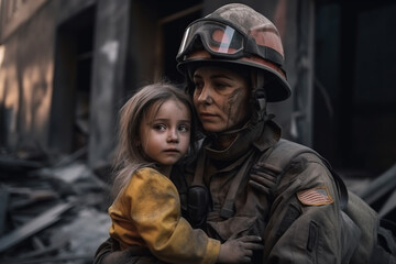 Fototapeta premium Little girl with firefighter. Military concept. Generative AI