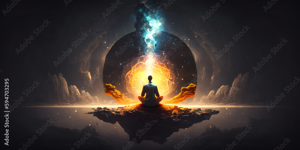Wall mural astral yoga silhouette of human in cosmic space meditate. practicing transcendental spiritual medita