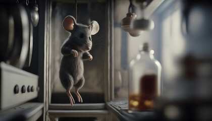 Mouse hanged itself in empty refrigerator on rope due to lack of food, hunger and poverty. Generation AI