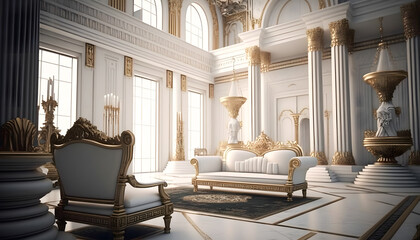Light luxury royal posh interior in baroque style. White hall with expensive oldstyle furniture. Generation AI