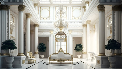 Light luxury royal posh interior in baroque style. White hall with expensive oldstyle furniture. Generation AI - obrazy, fototapety, plakaty