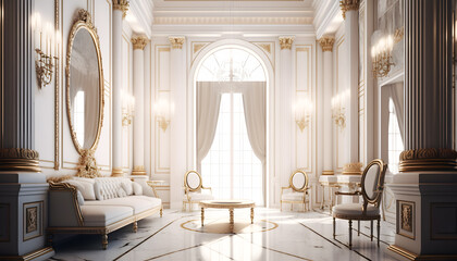 Light luxury royal posh interior in baroque style. White hall with expensive oldstyle furniture. Generation AI - obrazy, fototapety, plakaty