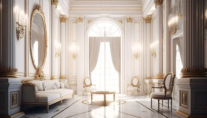 Fotobehang Light luxury royal posh interior in baroque style. White hall with expensive oldstyle furniture. Generation AI © Adin