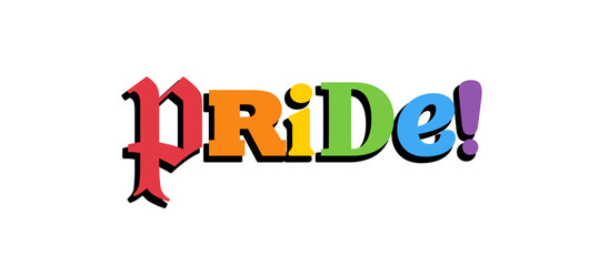 PRIDE Rainbow Lettering in collage Style. Different types, diversity representation. Vector banner.