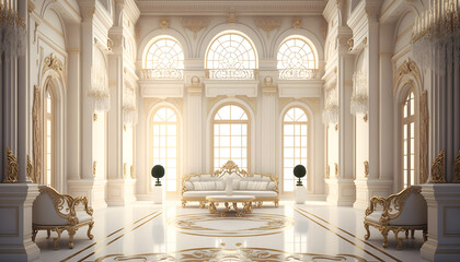 Light luxury royal posh interior in baroque style. White hall with expensive oldstyle furniture. Generation AI