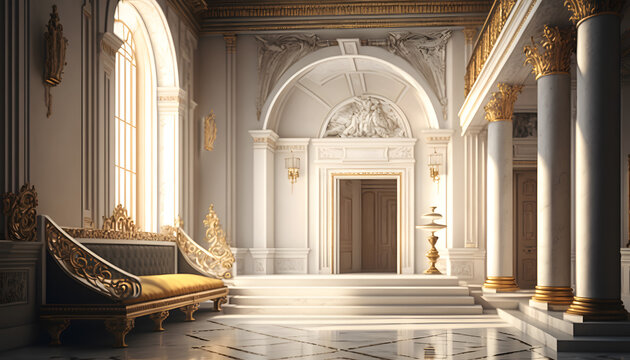 Light luxury royal posh interior in baroque style. White hall with expensive oldstyle furniture. Generation AI