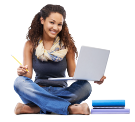 Laptop, books and woman portrait isolated on transparent, png background for education or online learning. University student or biracial person on floor with computer knowledge, studying and college