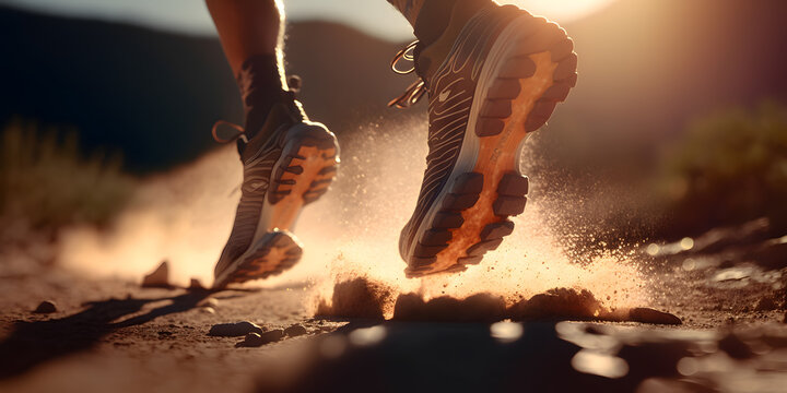 Banner sneaker fitness for track. Rear view closeup sport shoe of racer in running on trail with dust. Generation AI
