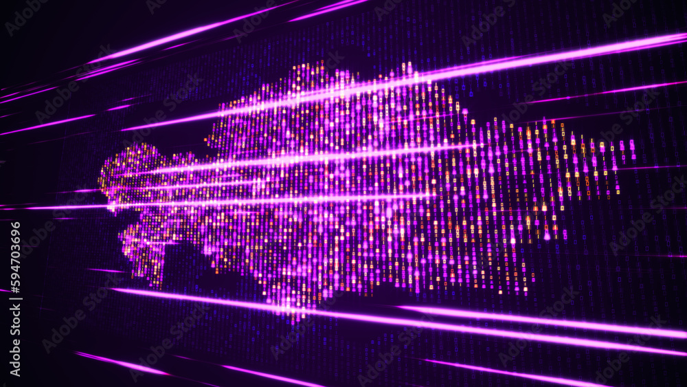 Poster abstract futuristic purple shinny binary digital number mosaic grid map of kazakhstan perspective vi
