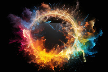 circle of colorful explosions of smoke on black background