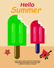 Hello Summer vector background with Stick Ice Cream, Water Melon Slice & Star.