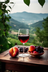 glass of red wine with fruits on wooden table with mountain landscape in back