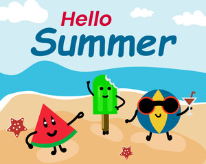 Hello Summer Vector Beach Background With Water Melon Slice, Stick Ice Cream & Football Enjoy. 