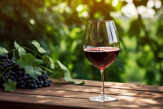 glass of red wine on wooden table in garden