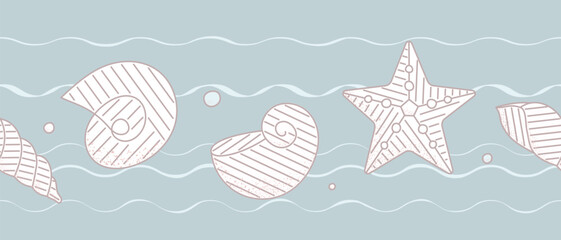 Line vector seamless pattern of line with seashells, seastars. Marine border for textile, package