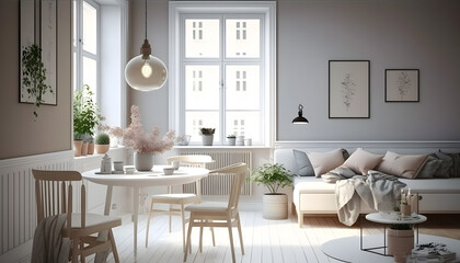 Fototapeta na wymiar Classic Scandinavian kitchen with wooden and white details, minimalistic life interior design. Generation AI