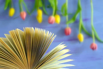Gordijnen open book and tulips, reading and new books for the spring and summer, blurred background, free copy space © Kirsten Hinte