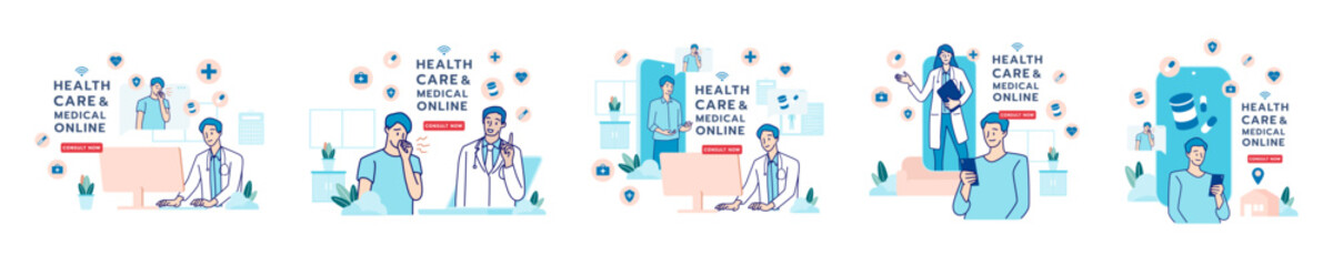 Fototapeta na wymiar Telehealth, telemedicine, online doctor, online clinic and medical service online. Healthcare, medical, telemedicine, Telehealth concept. Patient consultation. Hand draw style. Vector illustration.