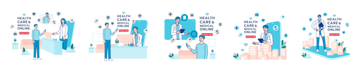 Telehealth, telemedicine, online doctor, online clinic and medical service online. Healthcare, medical, telemedicine, Telehealth concept. Patient consultation. Hand draw style. Vector illustration.