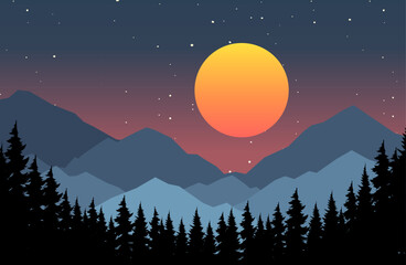 Spooky night forest background with full moon, gradient mountain landscape