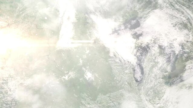 Earth zoom in from outer space to city. Zooming on St. Louis Park, Minnesota, USA. The animation continues by zoom out through clouds and atmosphere into space. Images from NASA