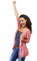 Obraz premium Success, winner and portrait of a woman in celebration for a victory, achievement or good news. Winning, happy and female model fist pump to celebrate a goal isolated by a transparent png background.