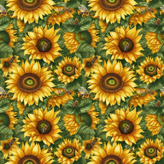 Fototapeta na wymiar Field of blooming sunflowers with bees background. AI generative illustration.