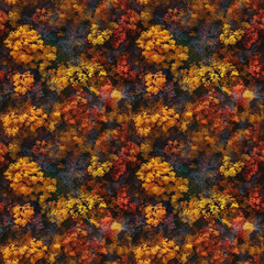Naklejka na ściany i meble Aerial drone view over autumn red and yellow forest. AI generative illustration.