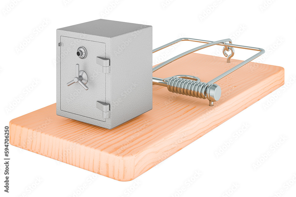 Poster safe box inside mousetrap. 3d rendering