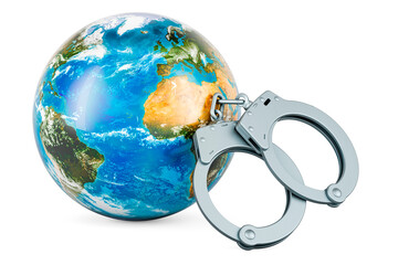 Handcuffs with Earth Globe, 3D rendering