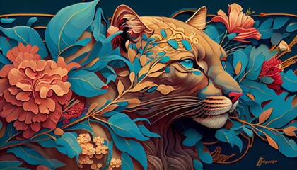 Amazing Colorful Magic Leopard Cat Animal Fantasy Digital Artwork Illustration Pattern Background