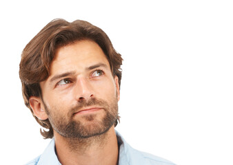 Obraz premium Business man, headshot and think for ideas, brainstorming or focus by png background. Isolated businessman, entrepreneur and thinking with vision, mindset or planning strategy in corporate management