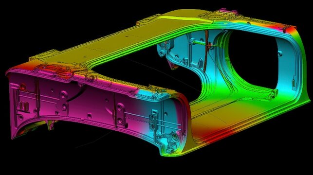 metal car trunk  finite element analysis structure, steel isolated on black background, stress testing engineering analysis computer model