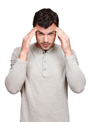 Naklejka premium Headache, migraine pain and portrait of man isolated on transparent png background in stress, burnout or mental health. Brain fog, anxiety or confused person massage head for mind problem or fatigue
