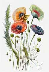 Poppy composition. painted on a white background. AI Generated