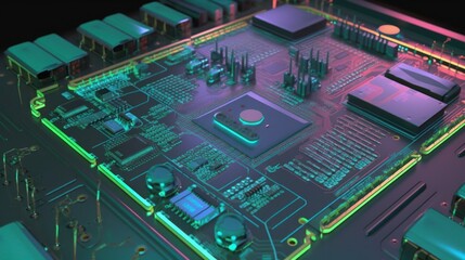 a close up view of an electronic circuit board hardware, schematic pcb illustration, micro chip core, capacitor printed ai computer, light indigo and green, generative ai 
