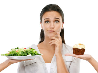 Thinking, decision and portrait of woman with food on isolated, png and transparent background....