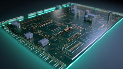 a close up view of an electronic circuit board hardware, empty space for microchip, schematic pcb illustration, core capacitor printed ai computer, light indigo and green, generative 