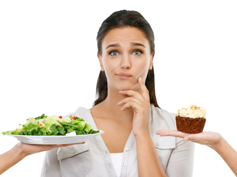 Thinking, decision and portrait of woman with food on isolated, png and transparent background. Confused, healthy eating and face of girl with salad, cupcake and choice for diet, detox and wellness - Powered by Adobe