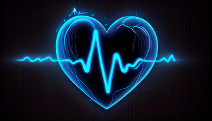 Emergency monitoring Blue glowing neon heart shape. World Health Day Concept. Ai generated image