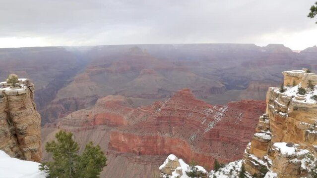 Snow on the Grand Canyon on a stormy weather day, USA