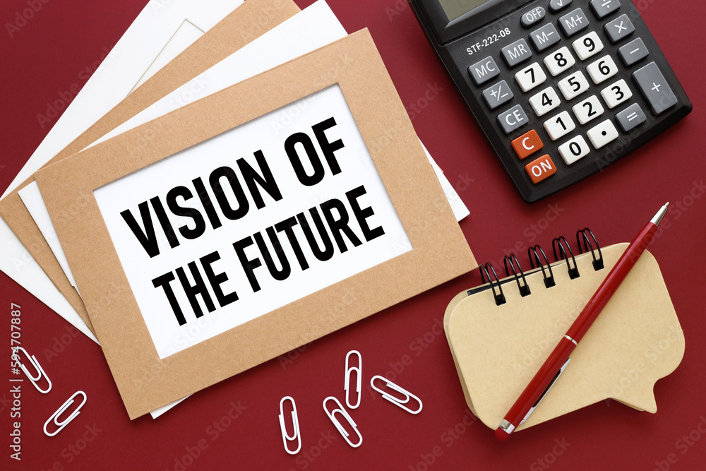 Poster vision of the future. red background with notepad and calculator. text on white paper.