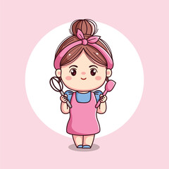 Cute girl or chef or wife cooking with apron and headband chibi kawaii flat character