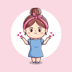 Cute girl with headband and blue dress with love sign chibi kawaii flat character