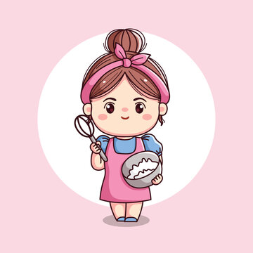 Cute girl or chef or wife cooking with apron and headband chibi kawaii flat character