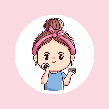 Cute girl with face powder daily activity routine with pink headband kawaii chibi flat character