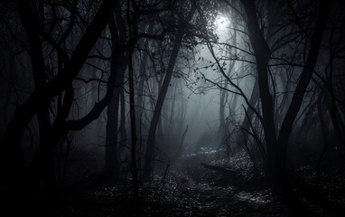 Fototapeta premium Misty morning in the dark woods. AI generative technology