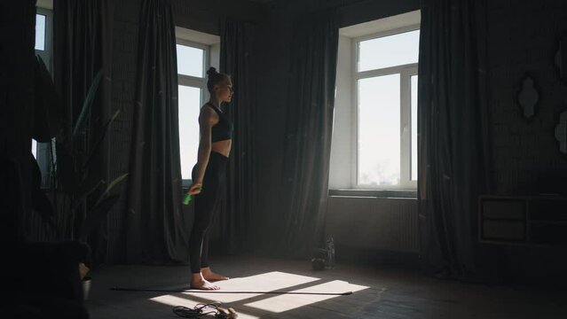 Sport And Healthy Lifestyle, Portrait Of Slender Woman In Sportswear Training In Room In Morning