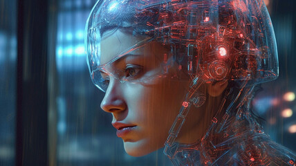 Futuristic portrait of half cyborg, half human in advanced technology augmentation. Generative AI.